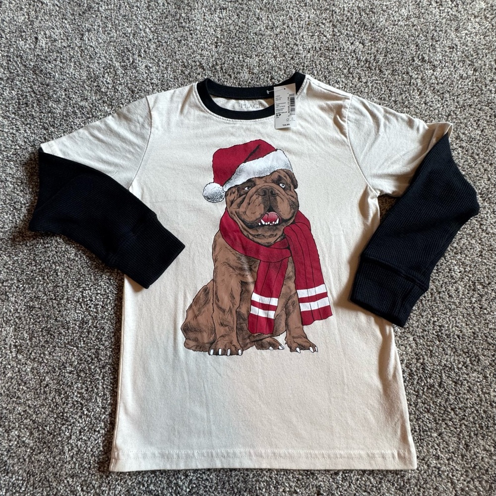 Boys bulldog christmas shirt - Cream & White
